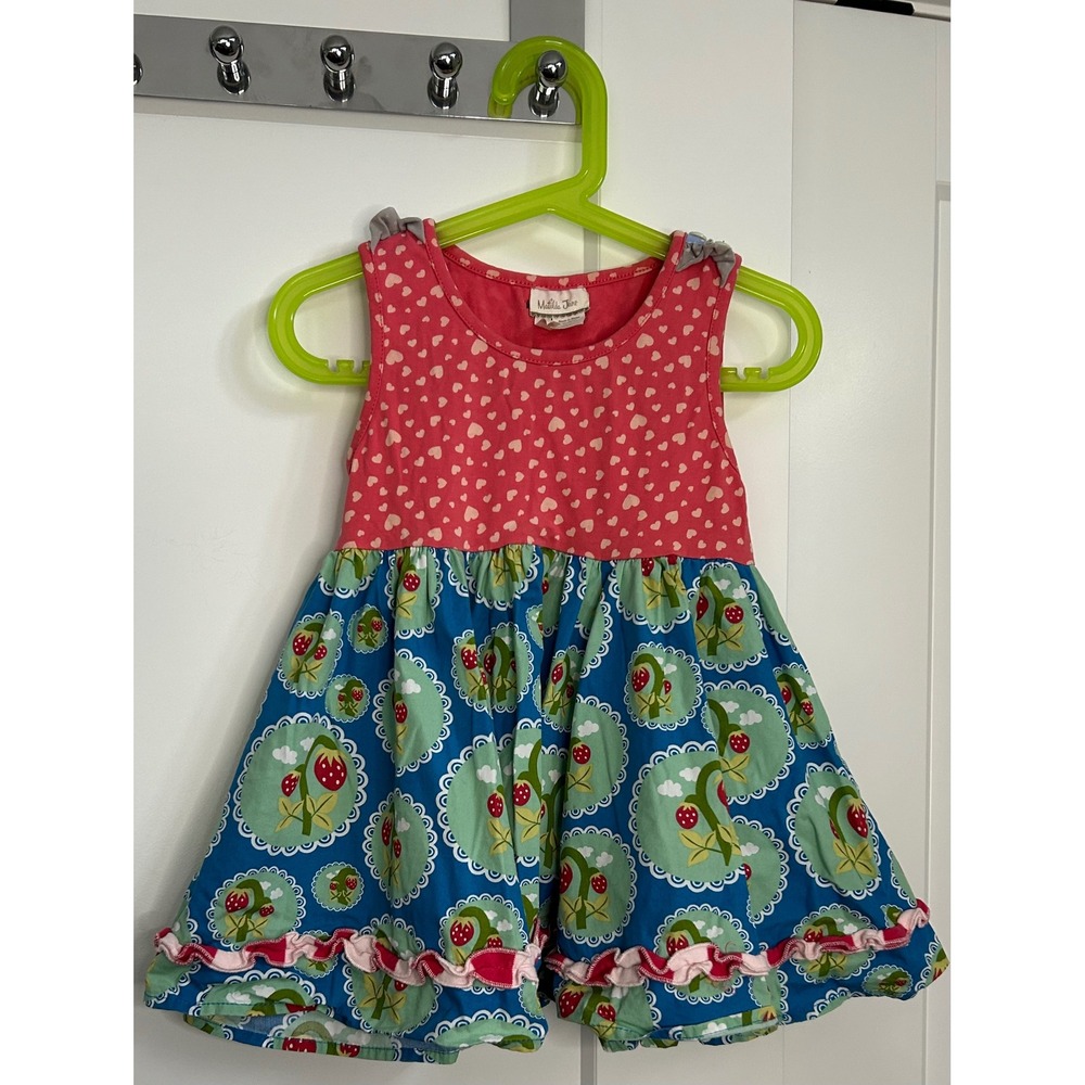 Matilda Jane Girls Pink Heart Blue Strawberry Mixed Print‎ Ruffle Top Size 6
